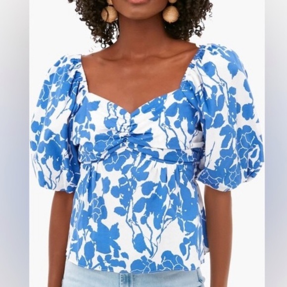 Tuckernuck Hyacinth House Blue Floral Fiori Puff Sleeve Blouse NWT Size XS - Picture 2 of 11